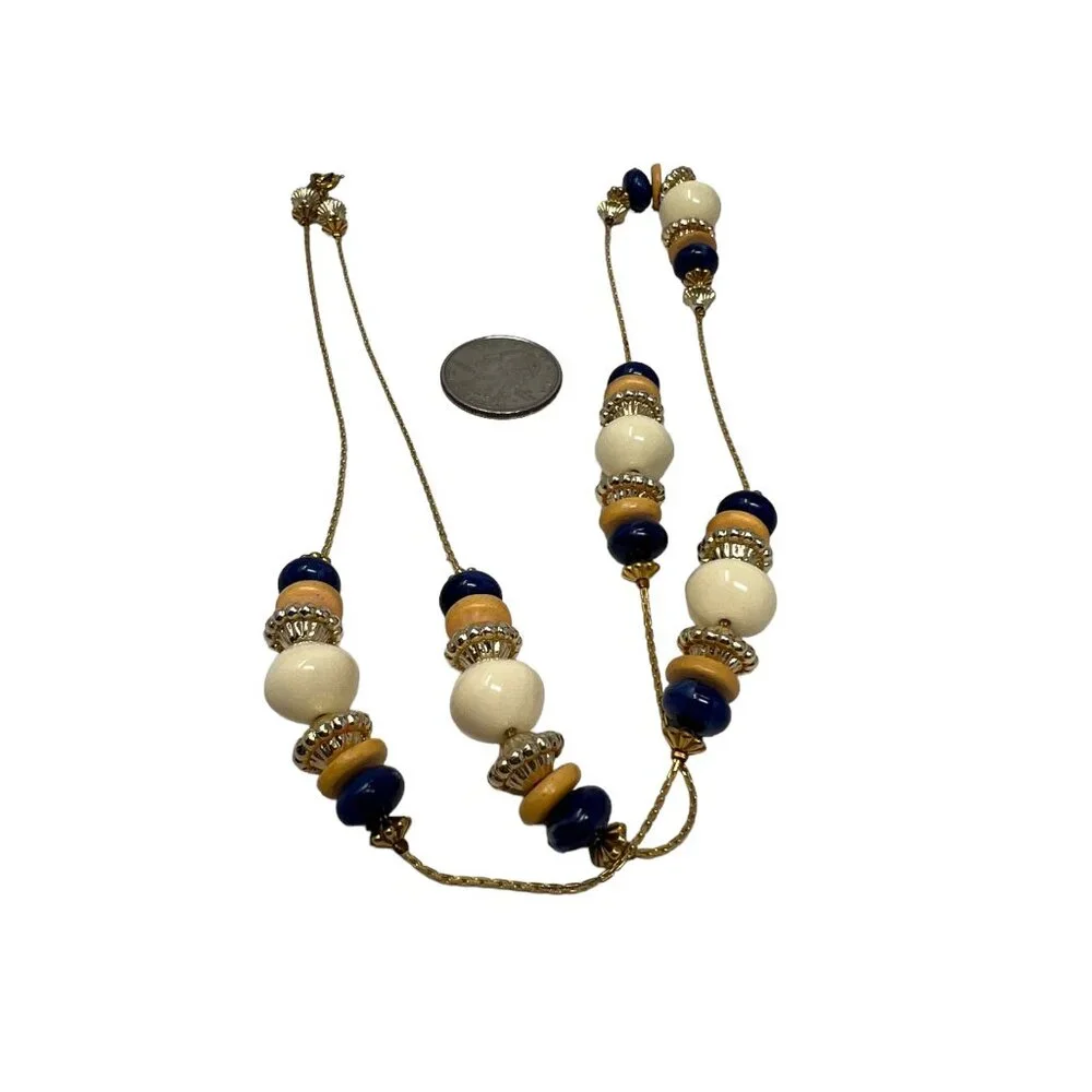 Beaded‎ Necklace Gold Tone Chain Blue White Blue Yellow Beads